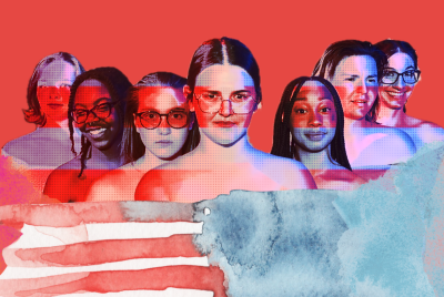 Seven women stand together with a watercolor American flag in front of them